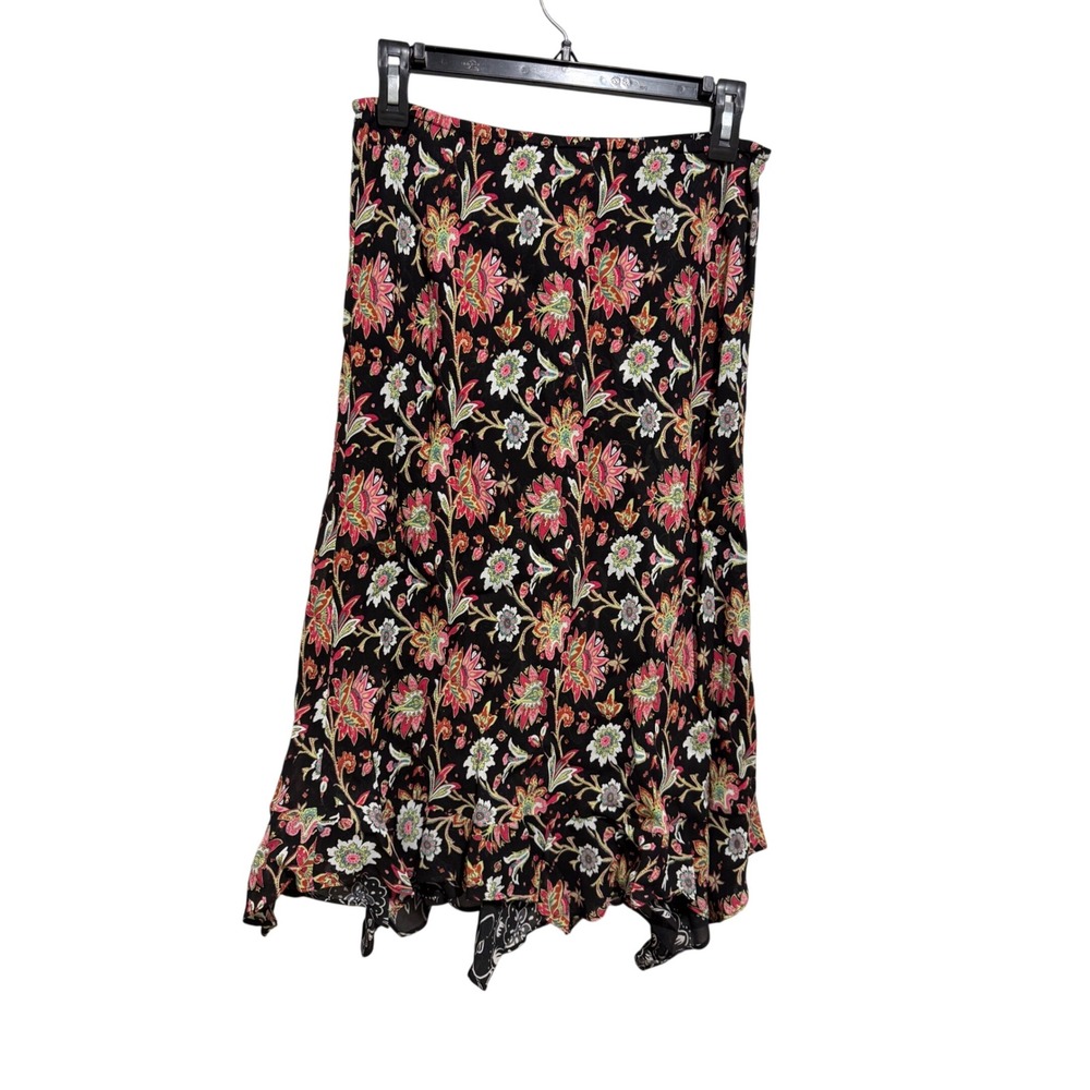 Cabi Reversible Midi Skirt Womens Small Black Floral Sharkbite Boho 90s Chiffon